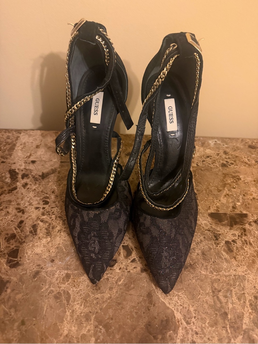 GUESS Black Lace Pointed Toe crisscross gold Chain-Ankle Heels